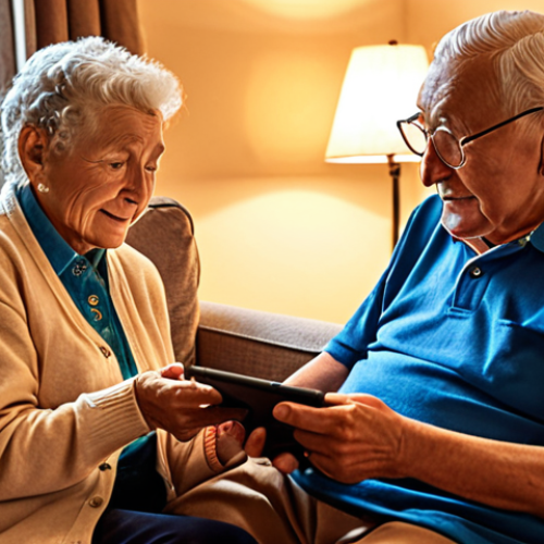 Home 14 **Image Prompt:** A warm, inviting scene depicting a person assisting an elderly individual with using a tablet, showcasing patience and empathy. The setting is a cozy living room with soft lighting, suggesting comfort and familiarity. Keywords: elderly care, technology assistance, home environment, compassionate, patient, intergenerational.