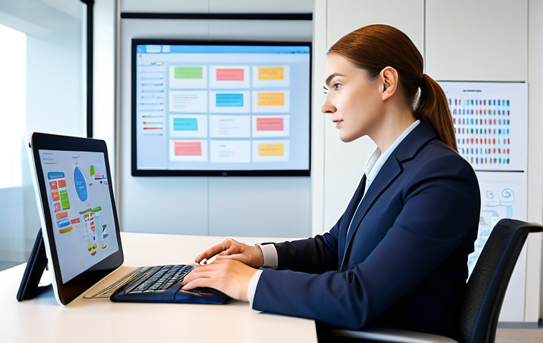 A professional individual in a modest business suit, seated at a modern, ergonomic desk in a bright, open-plan office. They are looking thoughtfully at a digital tablet displaying a mind map of service management concepts and AI integration. The pose is natural and confident, reflecting deep understanding and strategic thinking. The background is a sophisticated, clean office environment with subtle architectural details. fully clothed, appropriate attire, safe for work, appropriate content, perfect anatomy, correct proportions, well-formed hands, proper finger count, natural body proportions, professional, high-quality, soft lighting, family-friendly.