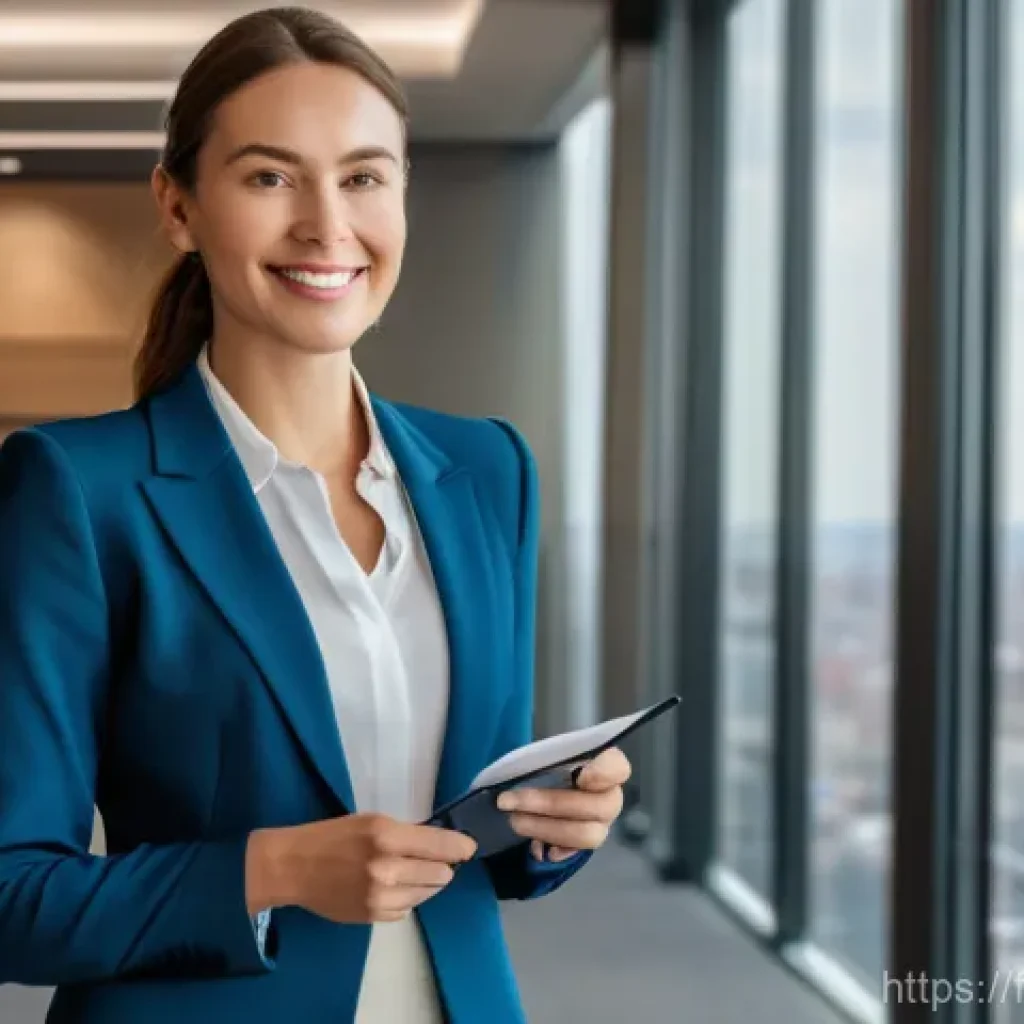 서비스관리사 자격 취득 방법 - A professional woman in her late 30s, dressed in an elegant business suit, stands confidently in a m...