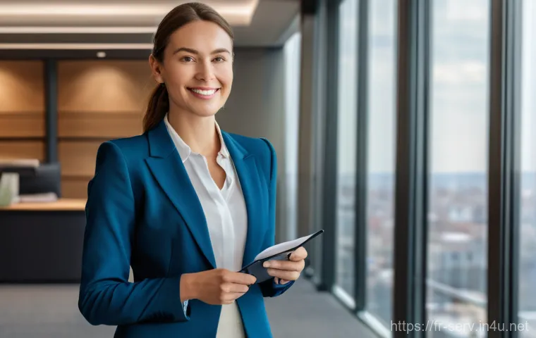 서비스관리사 자격 취득 방법 - A professional woman in her late 30s, dressed in an elegant business suit, stands confidently in a m...