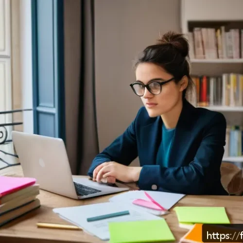 서비스관리사 자격증 준비 기간 - A focused young professional woman studying at a cozy home office desk in Paris, surrounded by Frenc...