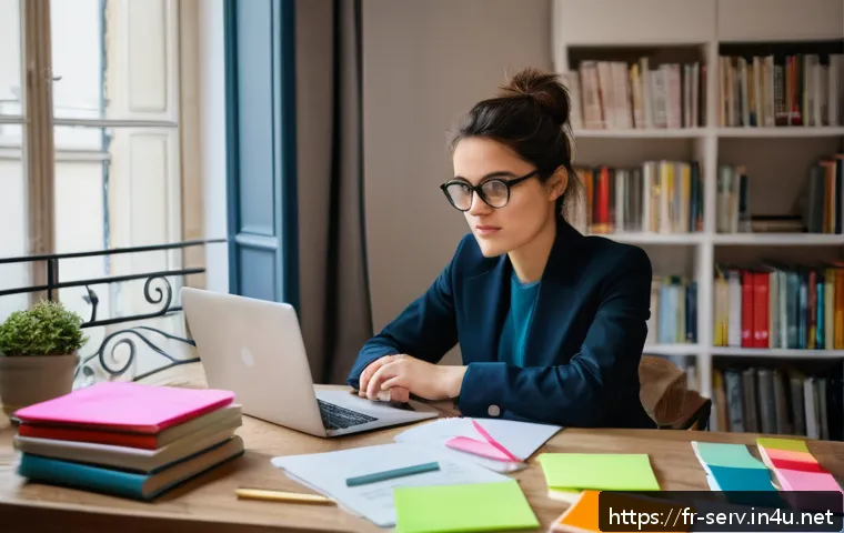 서비스관리사 자격증 준비 기간 - A focused young professional woman studying at a cozy home office desk in Paris, surrounded by Frenc...