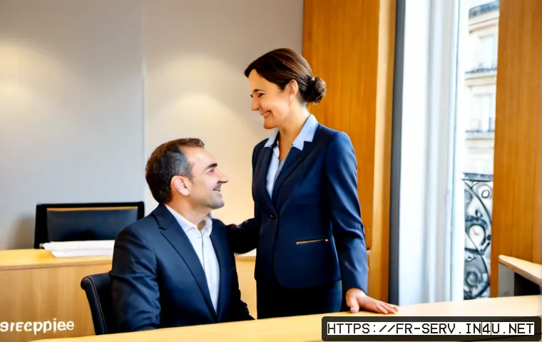 서비스관리사와 고객 관계 개선 방법 - Photorealistic French customer service manager warmly greeting a satisfied middle-aged client across...