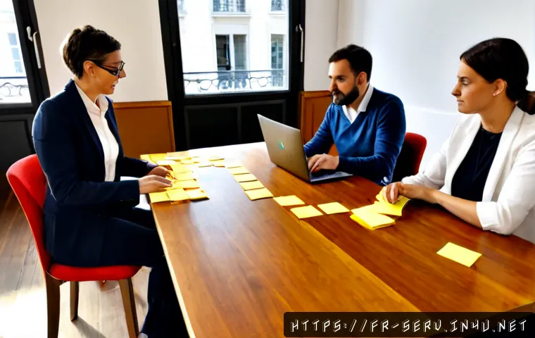 Home 17 서비스관리사와 문제 해결 워크숍 - Photorealistic French service management workshop in a bright Paris office, a diverse team of adult ...